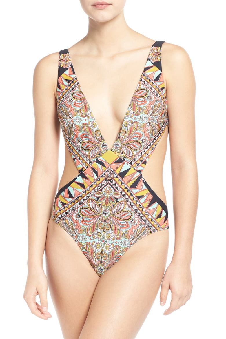 'Stone Row' One-Piece Swimsuit, Main, color, BLACK
