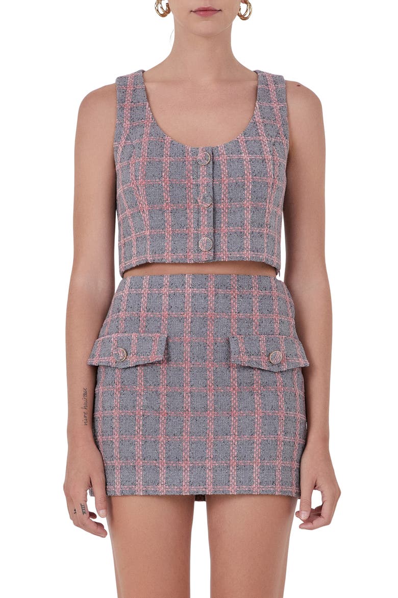 Tweed Button Sleeveless Crop Top, Main, color, GREY