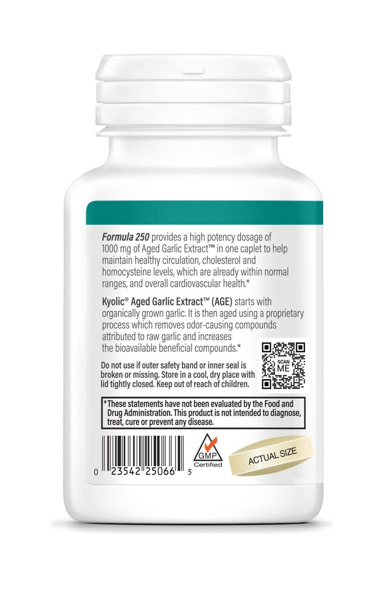 Kyolic Aged Garlic Extract Formula 250, Cardiovascular Health, One Per Day 60 Ct Caplets, Alternate, color, NO COLOR