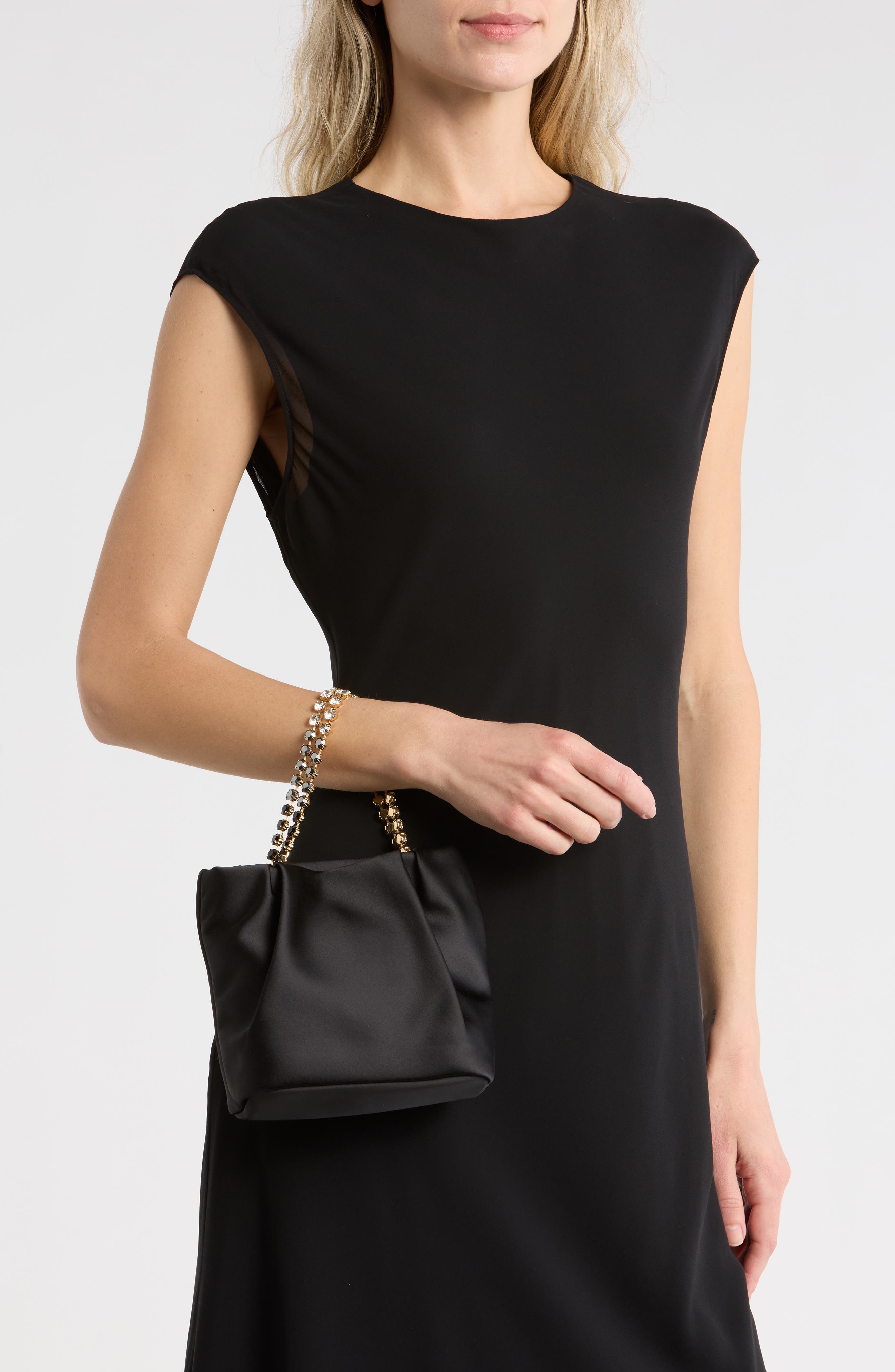 Karol Rhinestone Strap Satin Handbag, Alternate, color, BLACK