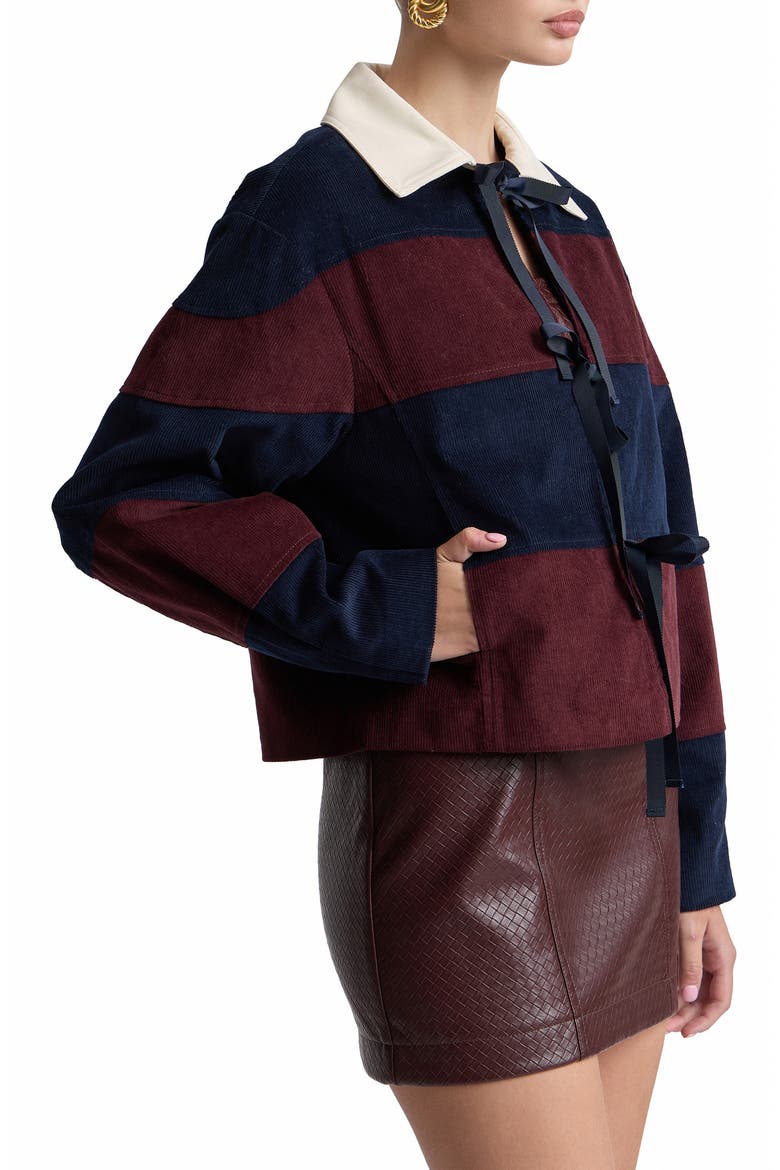Striped Corduroy Rugby Jacket with Front Ties, Alternate, color, NAVY/ BURGUNDY