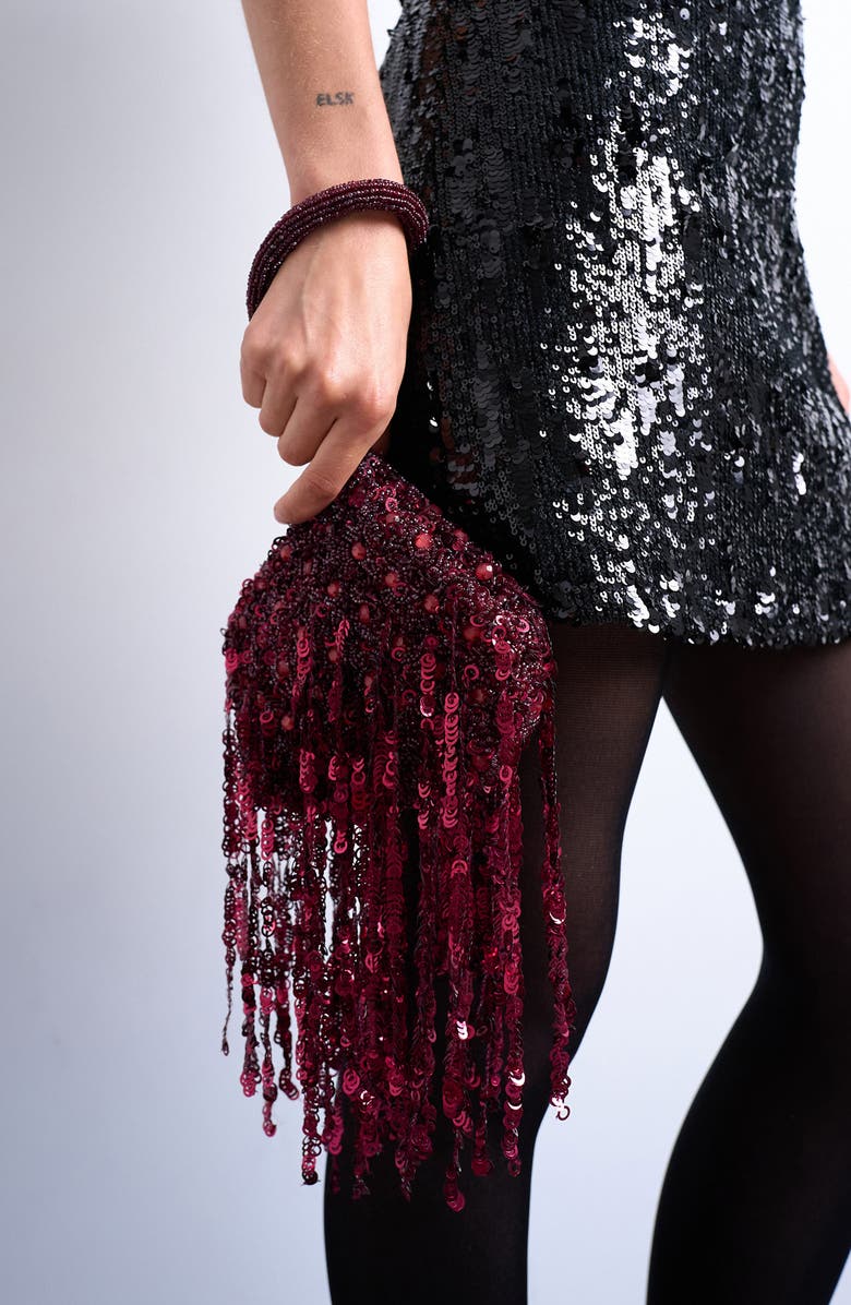 Topshop Giana Sequin Tassel Top Handle Bag, Main, color, Burgundy