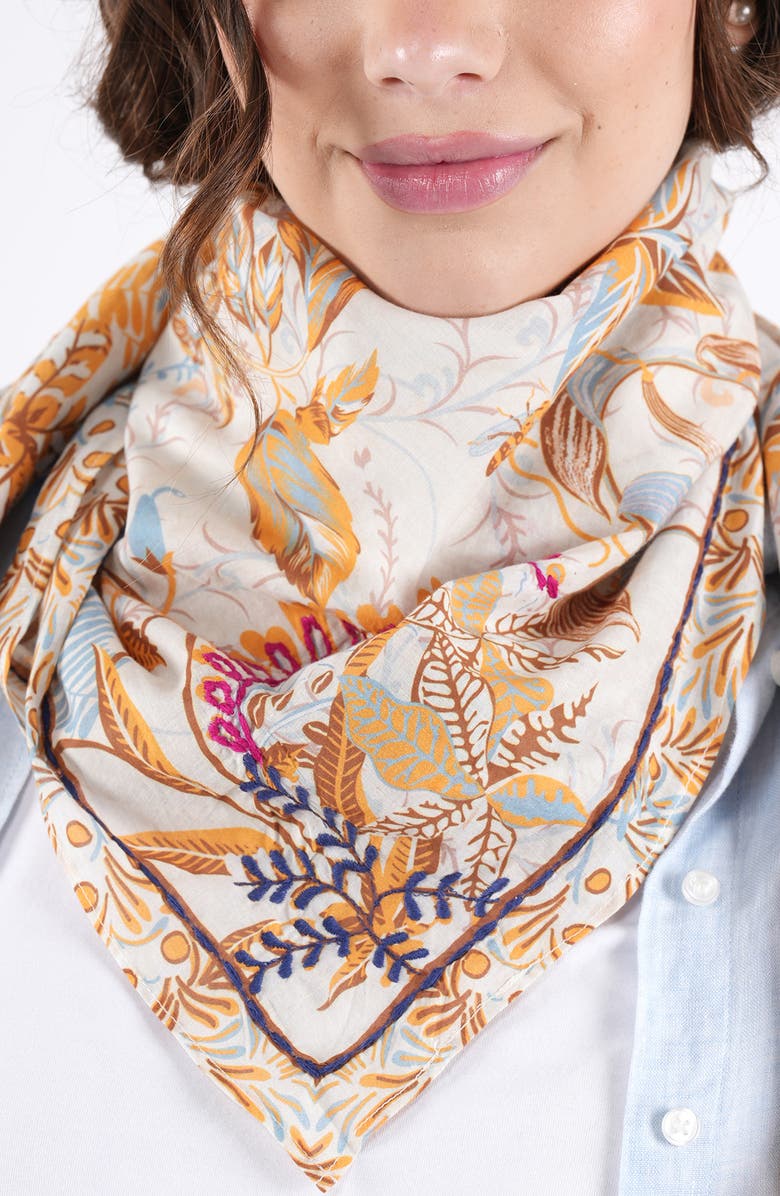 Vismaya Embroidered Floral Print Cotton Scarf, Alternate, color, Yellow