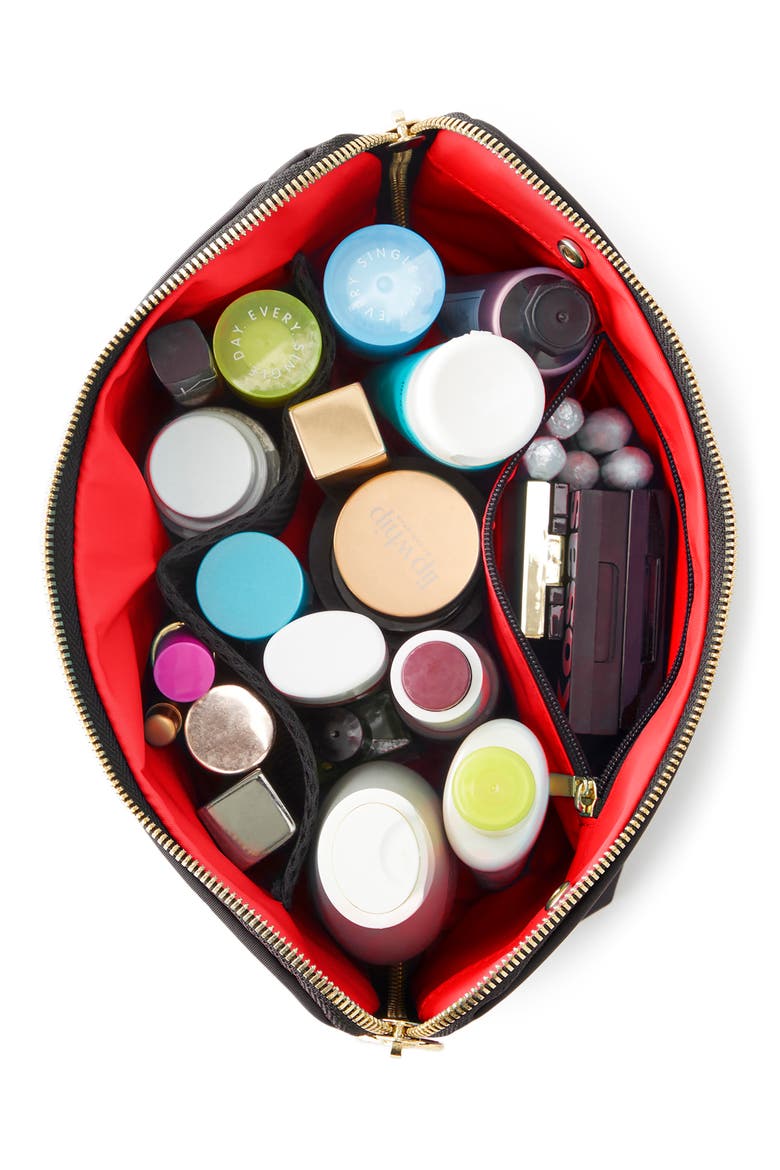 Signature Leather Makeup Bag, Alternate, color, CAMEL LEATHER/ RED