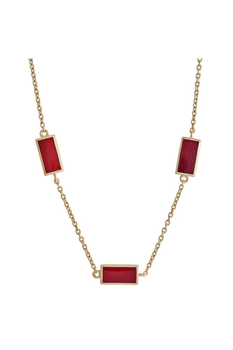 Three Station Rectangle Dash Necklace In Sterling 18K Gold Overlay, Main, color, RED