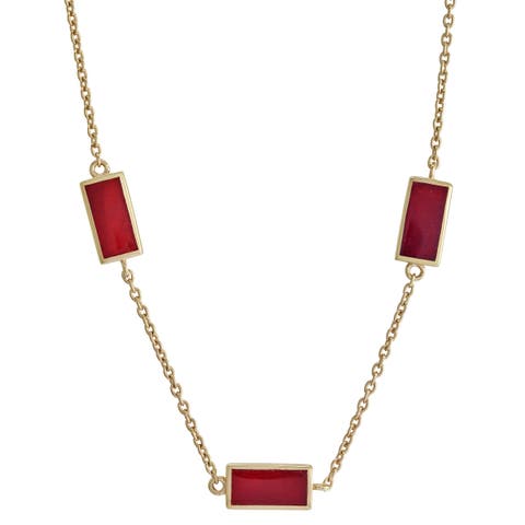 Three Station Rectangle Dash Necklace In Sterling 18K Gold Overlay