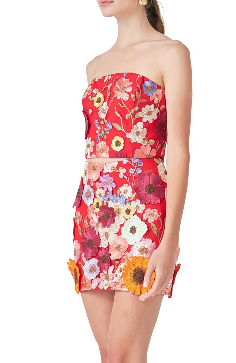 Endless Rose Floral Embroidered Strapless Top, Alternate, color, Red