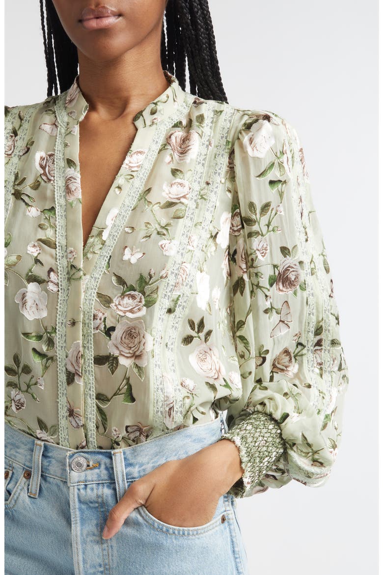 Arlette Floral Lace Trim Shirt, Alternate, color, GARDEN GOSSIP LIGHT SAGE