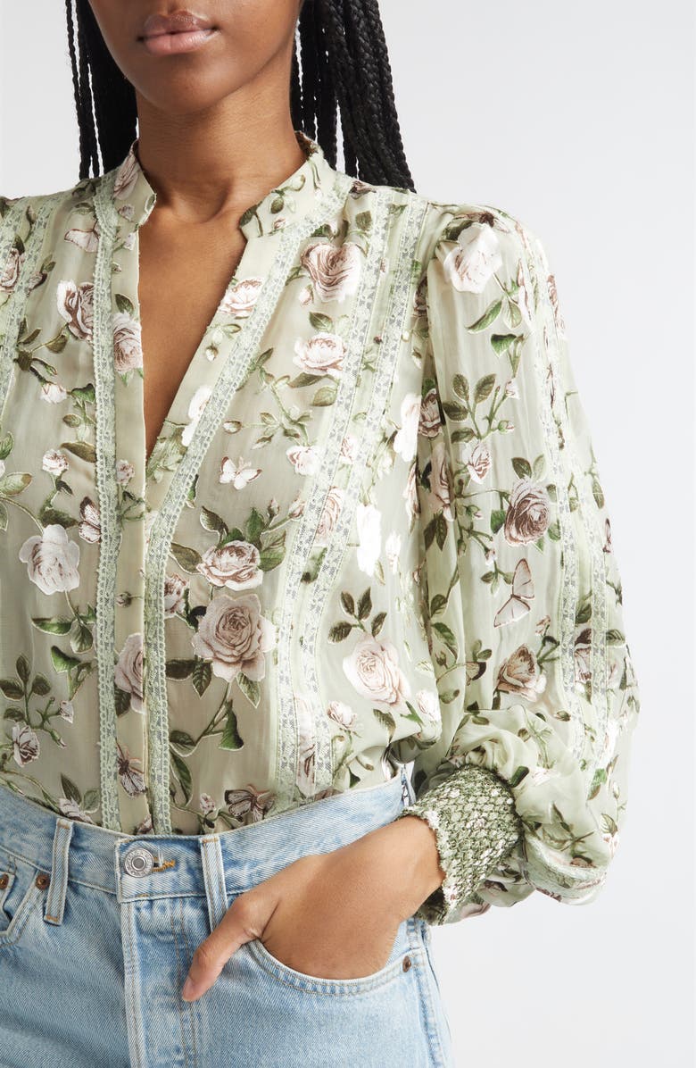 Alice + Olivia Arlette Floral Lace Trim Shirt, Alternate, color, Garden Gossip Light Sage
