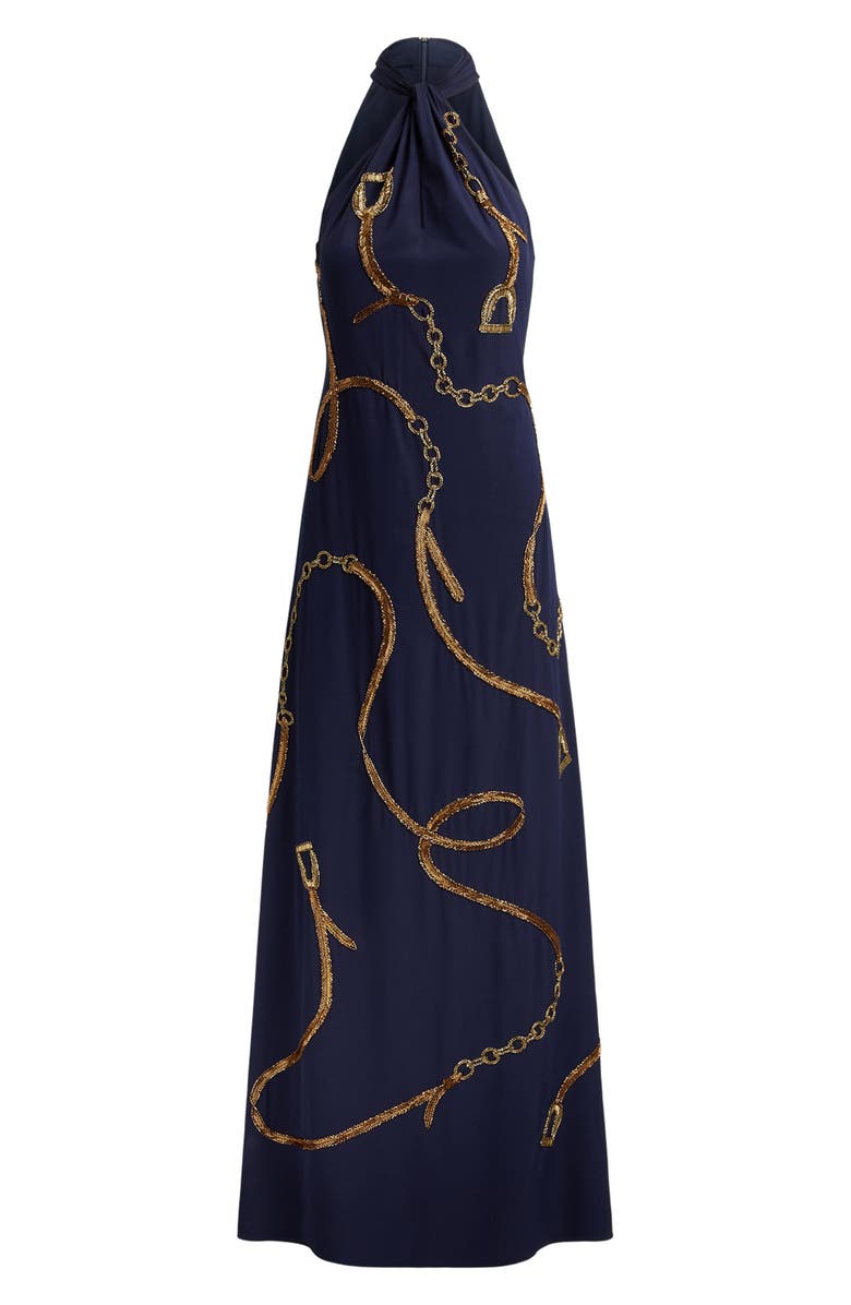 Lauren Ralph Lauren Beaded Sequin Halter Gown, Alternate, color, Navy Multi