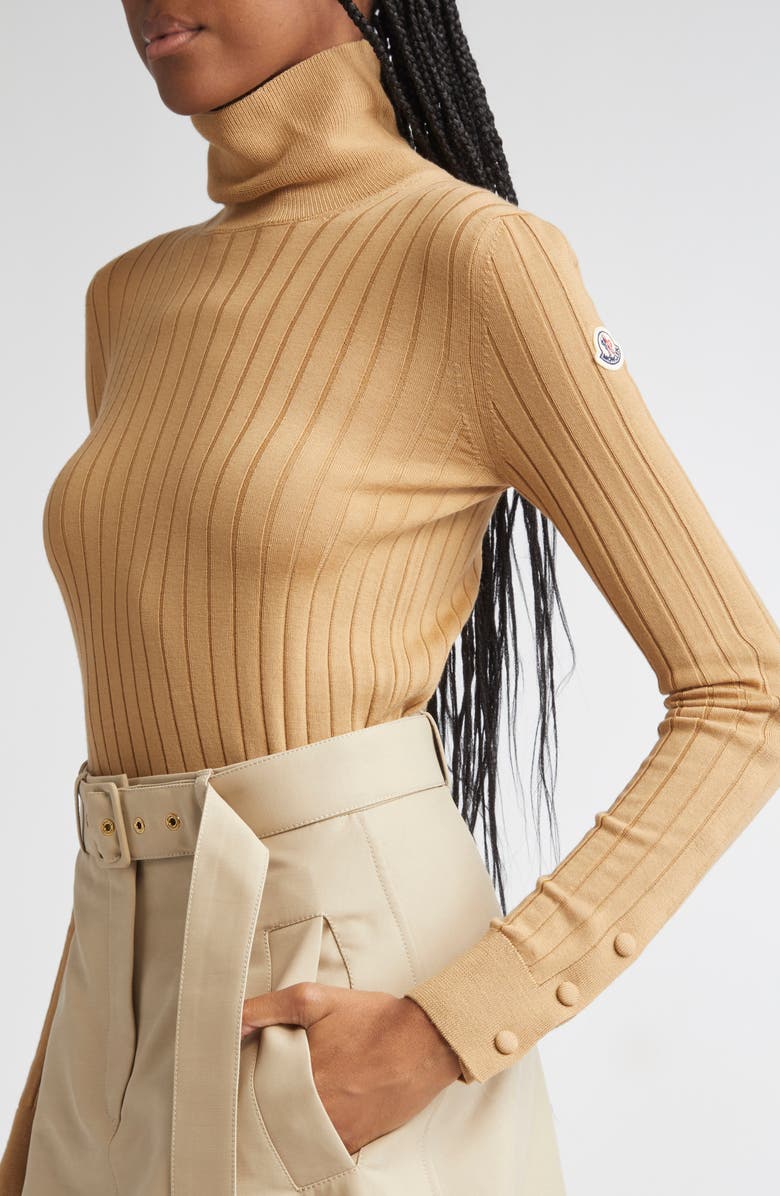 Moncler Virgin Wool & Cashmere Rib Turtleneck Sweater, Alternate, color, Warm Beige