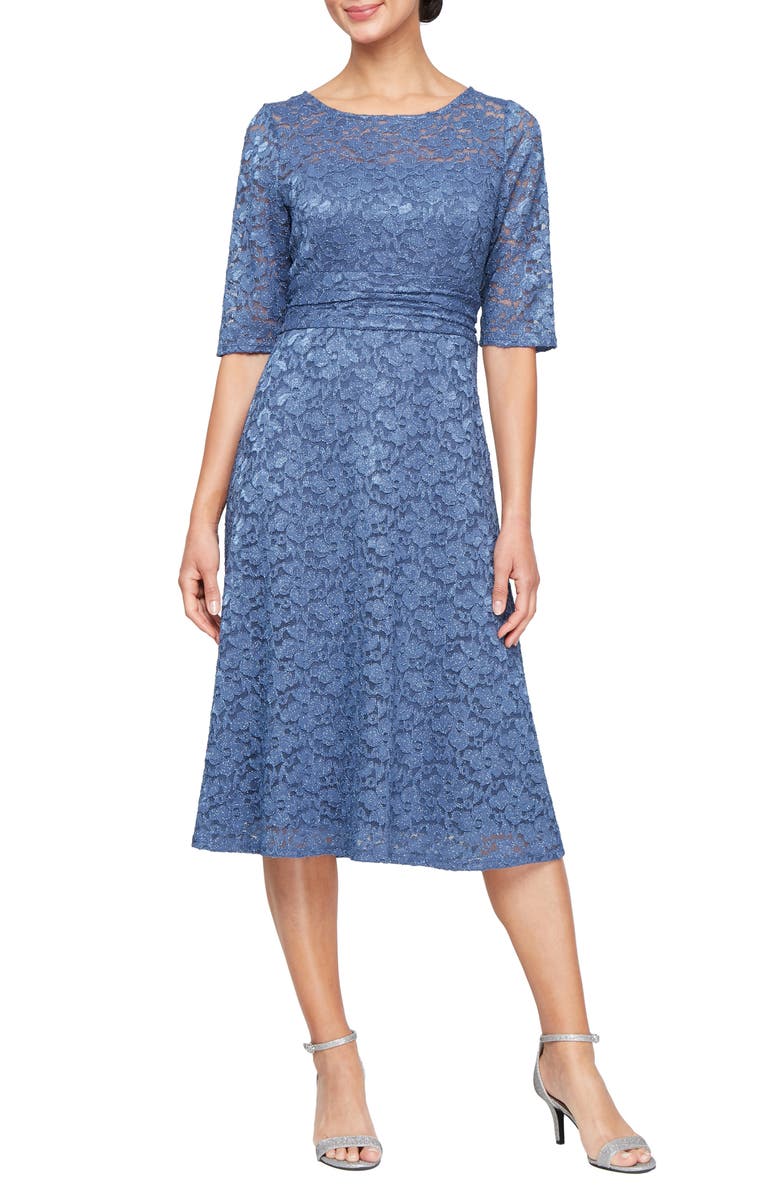 SL FASHIONS Lace Overlay Fit & Flare Midi Dress, Main, color, Wedgewood