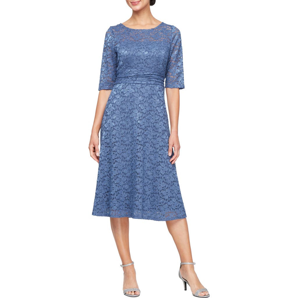 Sl Fashions Lace Overlay Fit & Flare Midi Dress In Wedgewood