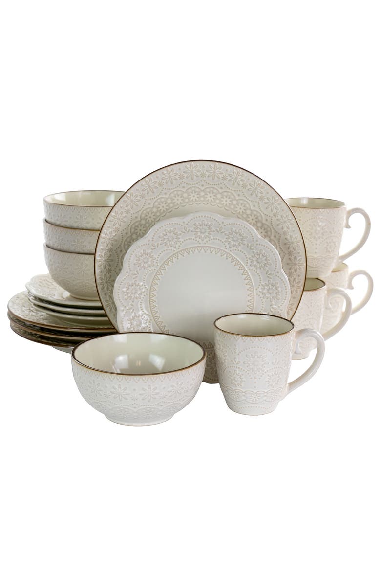 Elama Contessa 16 Piece Embossed Scalloped Stoneware Dinnerware Set, Main, color, White