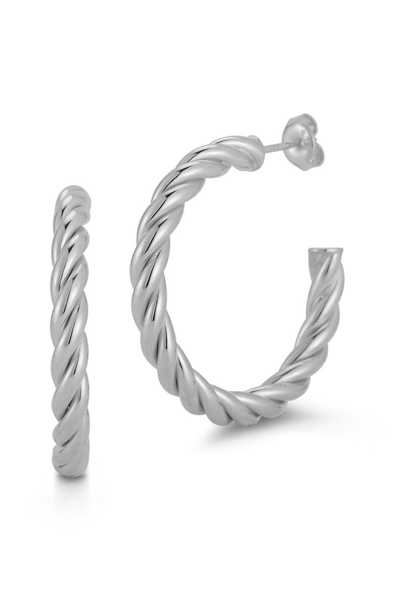 Rhodium Plated Sterling Silver Twisted Hoop Earrings, Main, color, SILVER