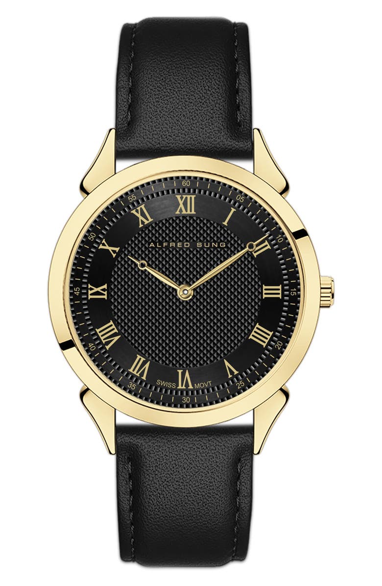 Alfred Sung Swiss Heritage Leather Strap Watch, 42mm, Main, color, Black Strap/Black Dial