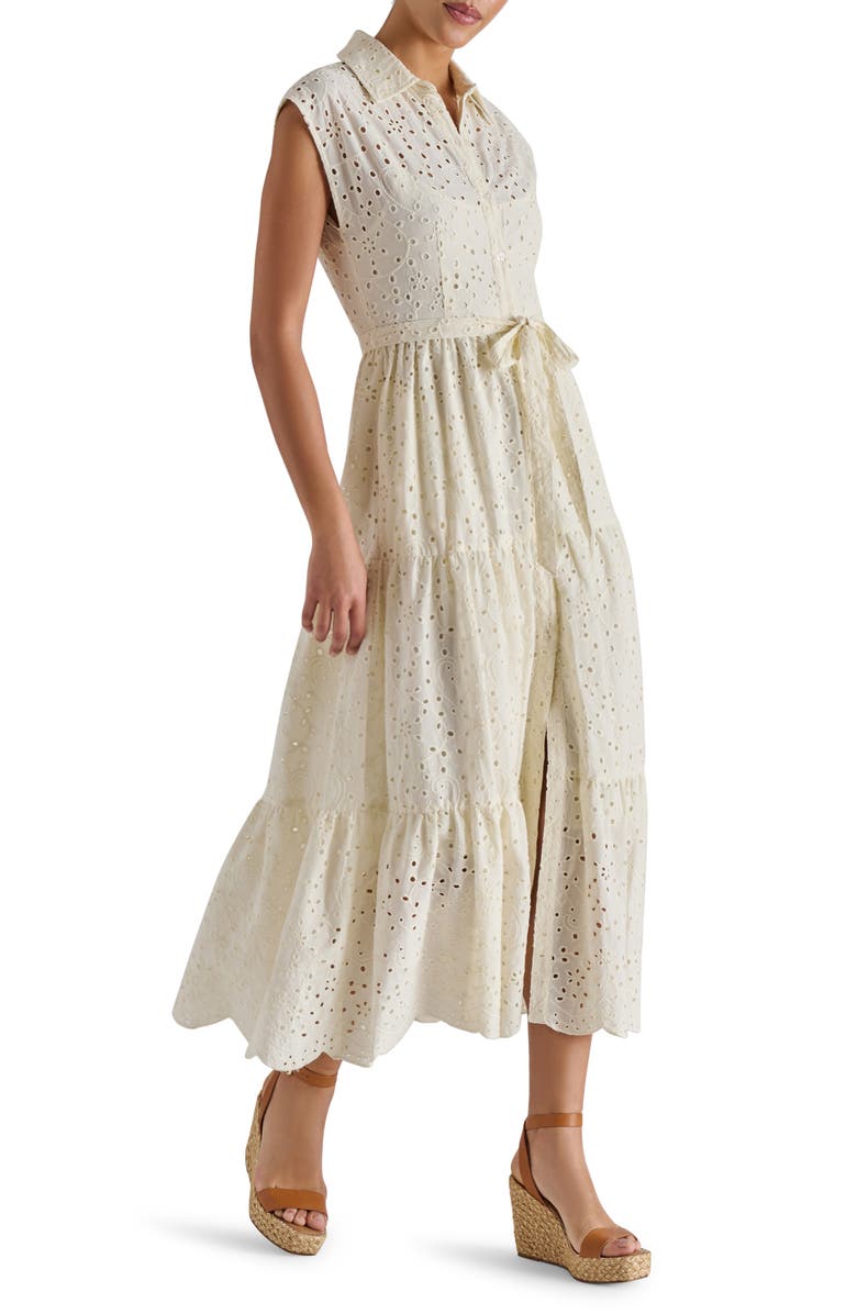 Steve Madden Clover Embroidered Eyelet Sleeveless Tiered Shirtdress, Alternate, color, Marshmallow