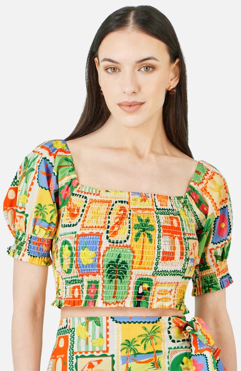 Cropped Shirred Postcard Print Top