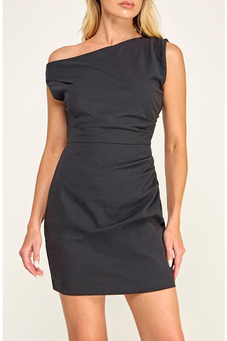 One-Shoulder Pleated Minidress, Alternate, color, BLACK