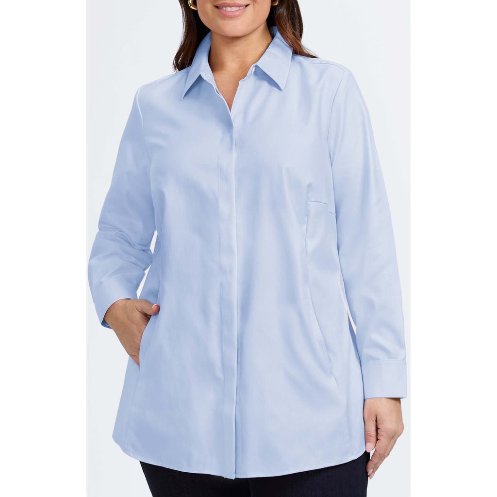 Foxcroft Cici Cotton Button-up Tunic Shirt In Soft Blue