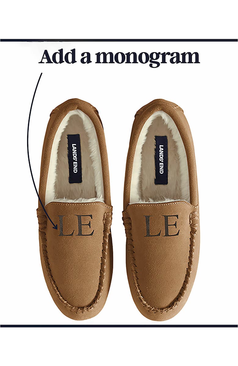 Lands' End Fuzzy Lined Suede Moccasin Slippers, Alternate, color, English Tan Suede