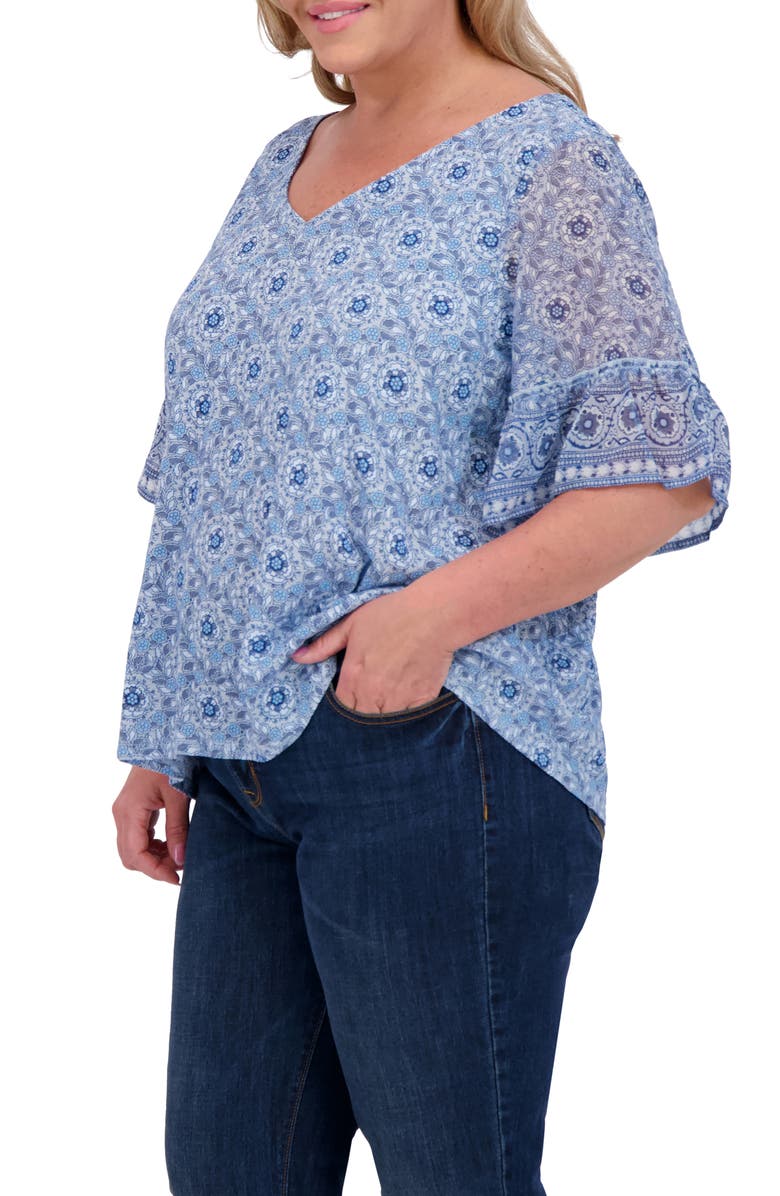 Lucky Brand Mixed Media Flutter Sleeve Top, Alternate, color, Chambray Multi