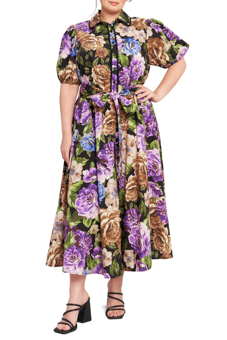 Floral Puff Sleeve Midi Shirtdress, Main, color, BLACK