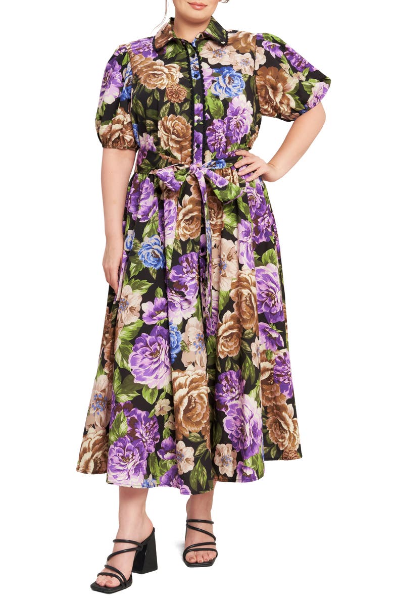 FLYING TOMATO Floral Puff Sleeve Midi Shirtdress, Main, color, Black