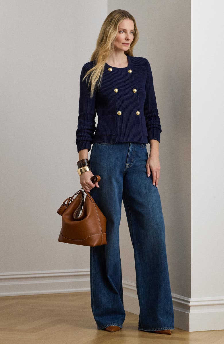 Lauren Ralph Lauren Double Breasted Combed Cotton Cardigan, Alternate, color, Refined Navy Blue