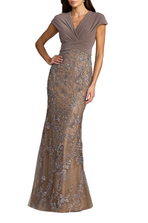 Jersey Wrap Top Floral Sequin Gown