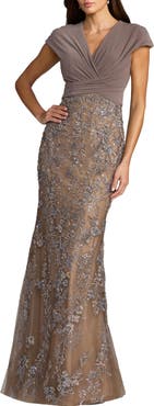 Mac Duggal Jersey Wrap Top Floral Sequin Gown
