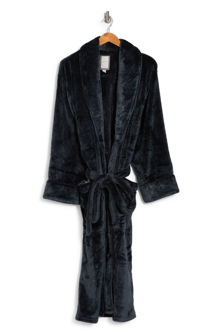 Plush Shawl Collar Tie Waist Robe, Alternate, color, BLACK