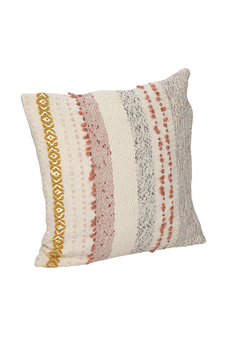 Storied Home Woven Cotton Blend Pillow with Stripes and Embroidery, Multicolor, Main, color, White