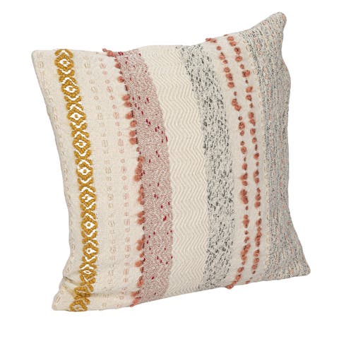 Woven Cotton Blend Pillow with Stripes and Embroidery, Multicolor