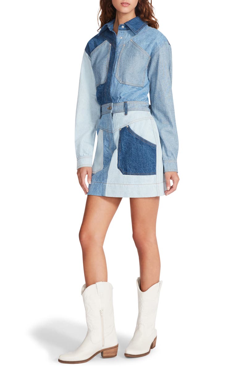 Steve Madden Ryleigh Long Sleeve Patchwork Denim Minidress, Alternate, color,