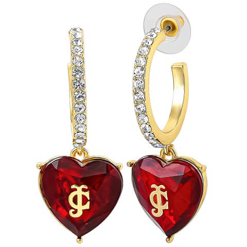 Gold Heart Hoop Earrings, Large Heart Dangle Charm with Logo, Rhinestone J-Hoops