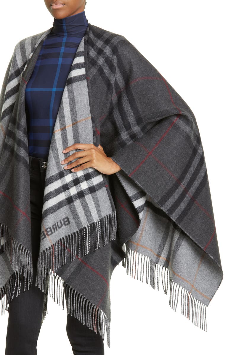 Burberry Split Check Fringe Trim Cashmere Cape, Alternate, color,