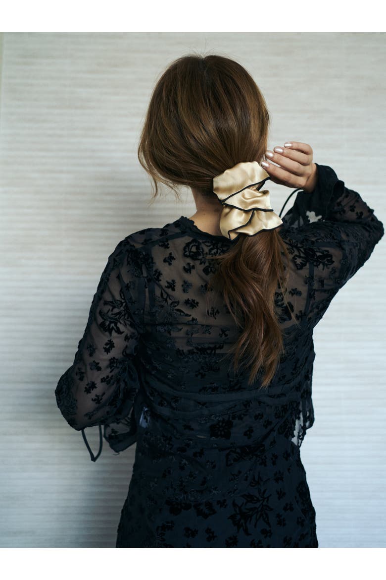 "Maxi Flower" Double-Layer Oversized Silk Scrunchie, Alternate, color, Tan