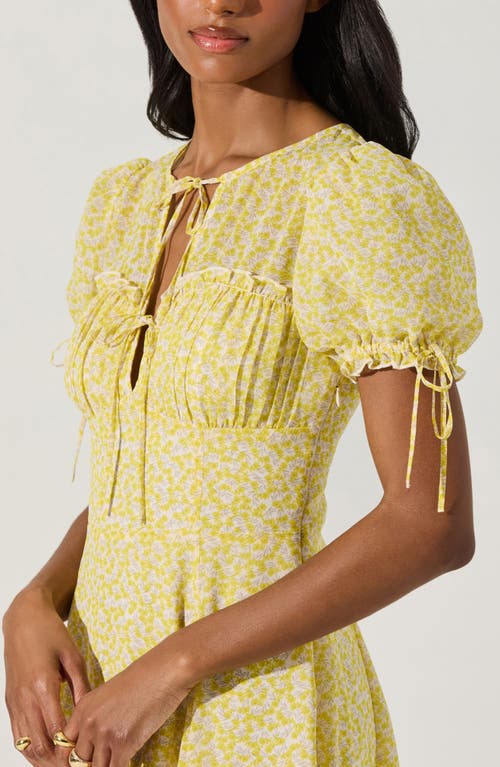 Astr The Label Print Puff Sleeve Tie Front Dress In Yellow Ditsy Floral