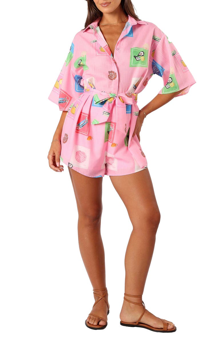 Petal & Pup Kellie Cotton Romper, Main, color, Pink Stamp Print