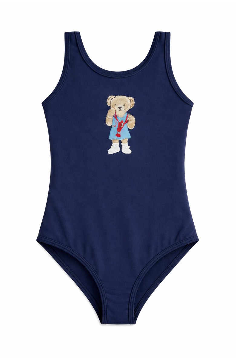 Try Girl Bear Artwork Scoop Neck One Piece Swimsuit, Main, color, Navy Blue