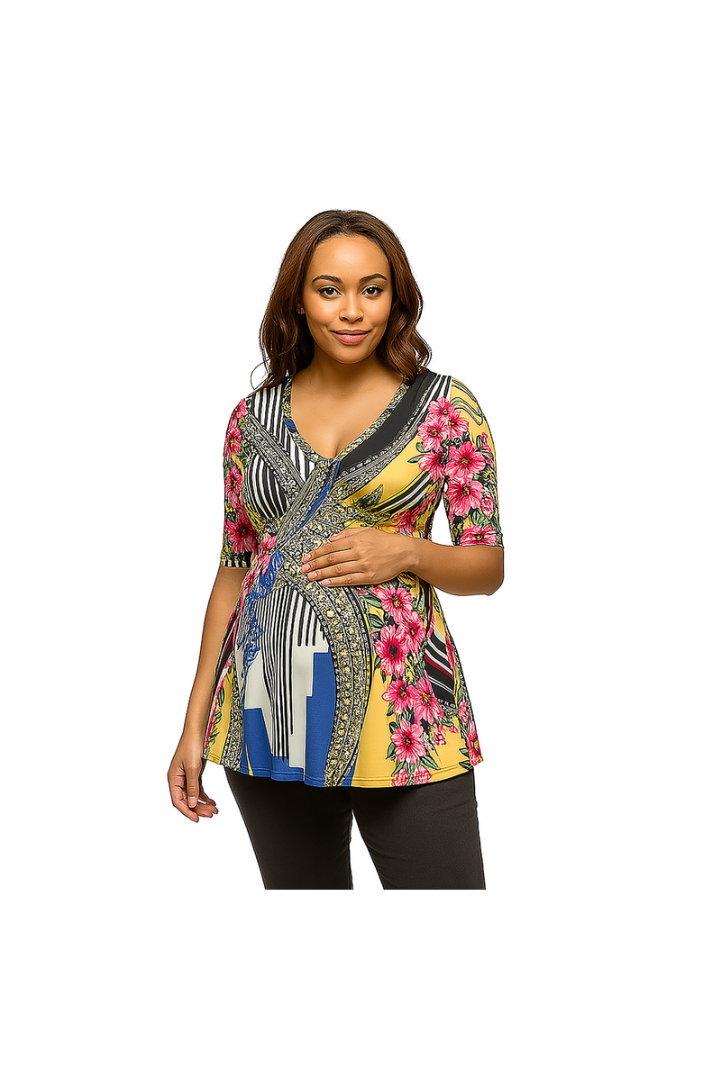 24seven Comfort Apparel Maternity Floral Print Elbow Sleeve V-Neck Henley Tunic Top, Main, color, Blue Multi