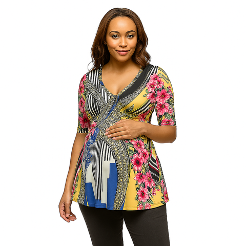 Maternity Floral Print Elbow Sleeve V-Neck Henley Tunic Top