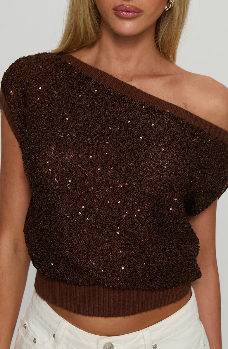 Princess Polly Marysa Sequin Off the Shoulder Blouson Top, Alternate, color, Brown