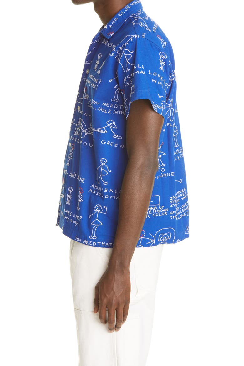 Doodle Scene Embroidered Short Sleeve Cotton Button-Up Shirt, Alternate, color, BLUE