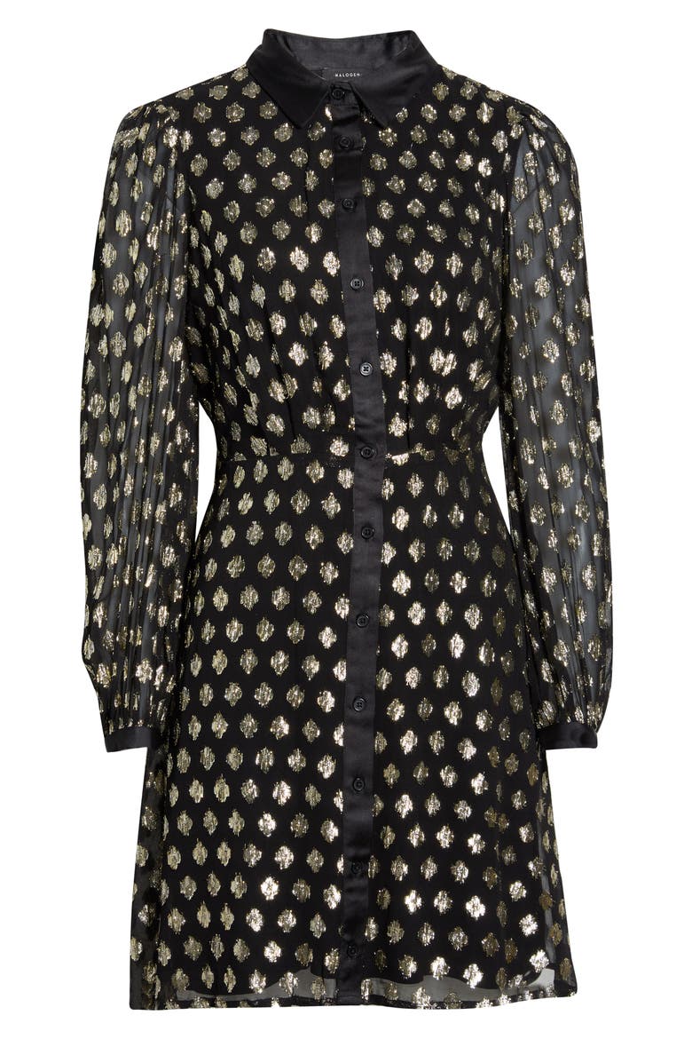 Foil Dot Empire Waist Long Sleeve Shirtdress, Alternate, color, BLACK/GOLD