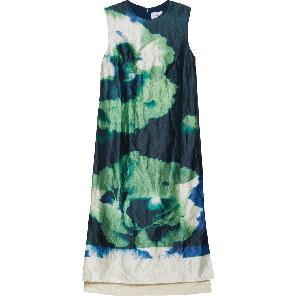 Shop Erdem Sleeveless Crushed Metallic Satin Midi Dress In Carnation Cyanotype Clover