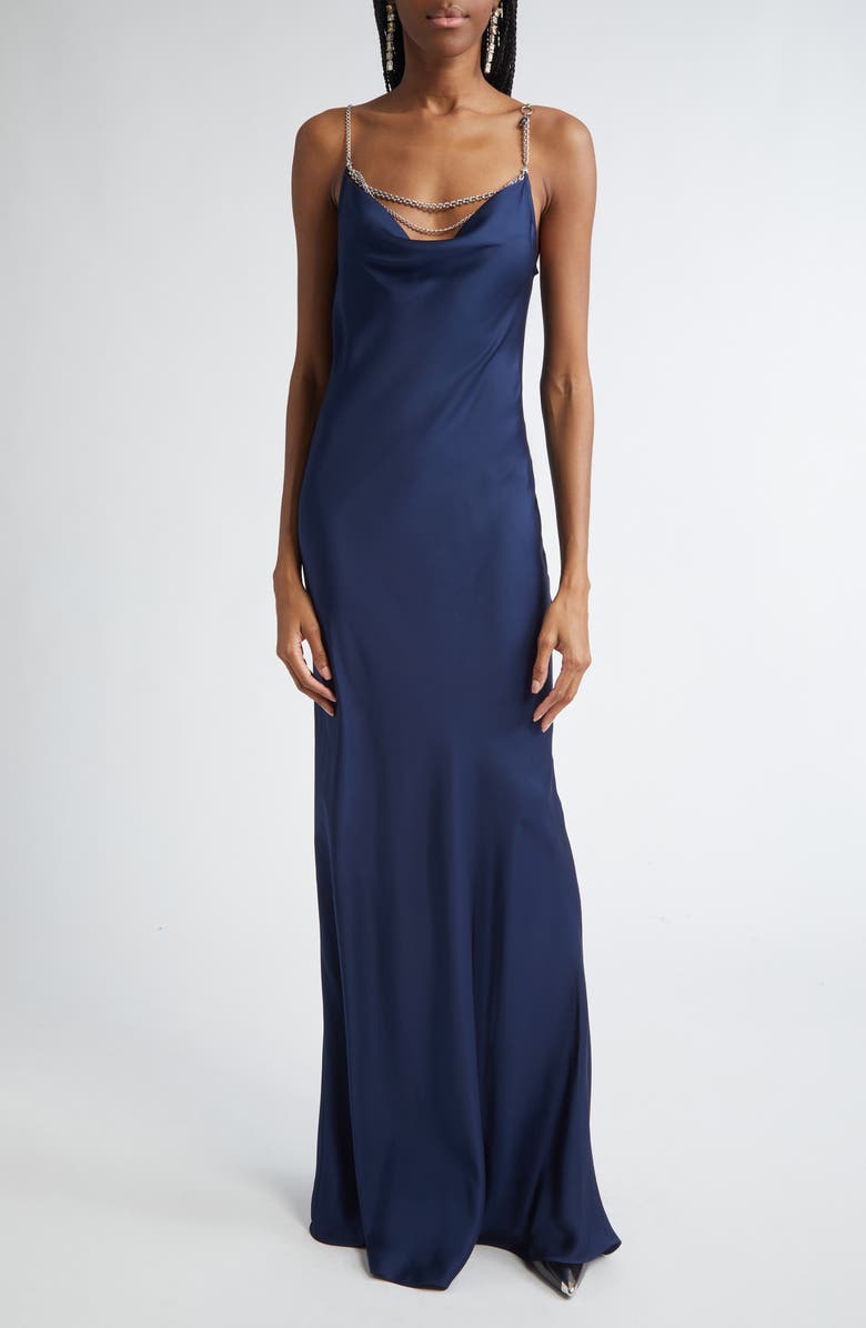 Rabanne Jeweled Cowl Neck Satin Gown, Main, color, 