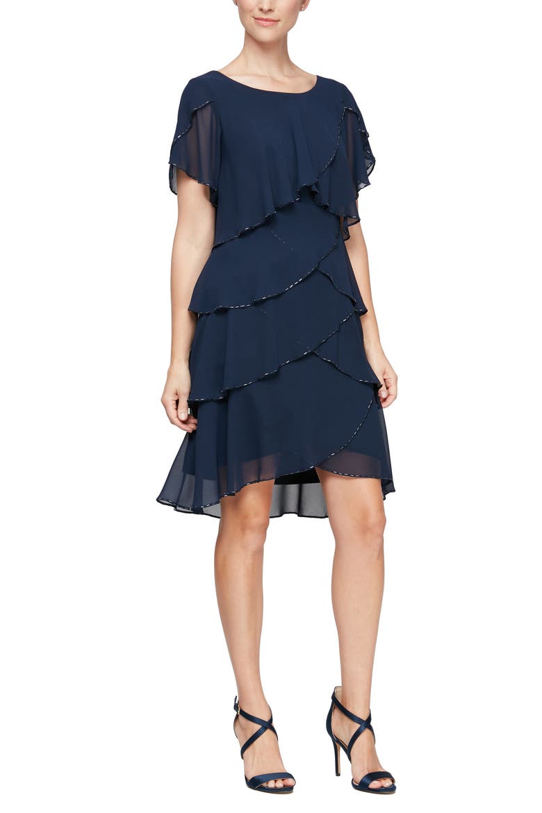 Bugle Bead Flutter Sleeve Tiered Chiffon Cocktail Dress, Main, color, NWN