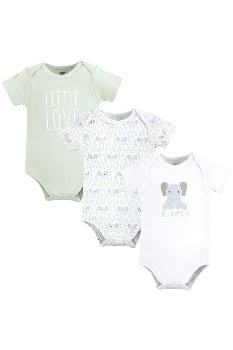 Soft Cotton Bodysuit Triple Pack, Main, color, Hello World Elephant